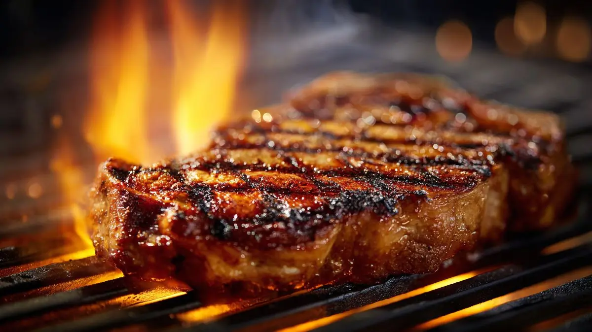 Ribeye de res en parrilla de carbón con marcas de sellado perfecto Regio Beef.La mejor boutique de carnes de Monterey en el sur de la CDMX.