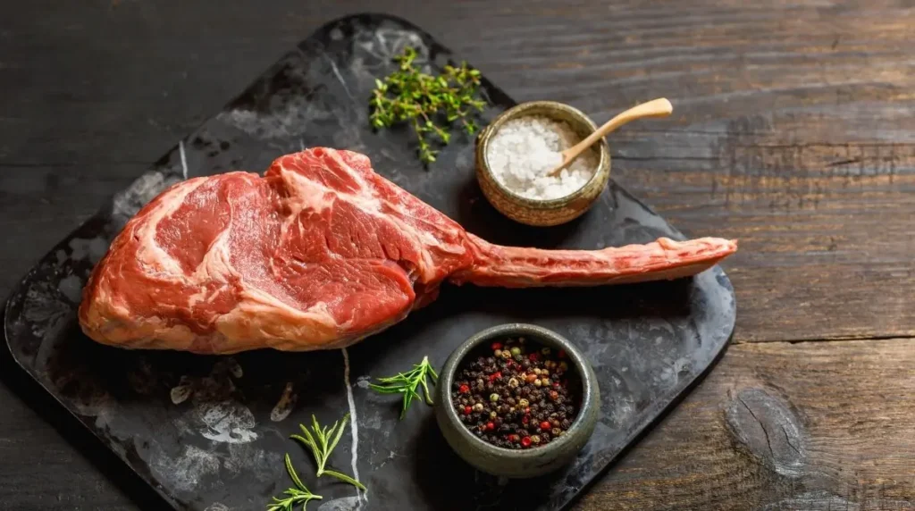 Corte Tomahawk de res en vista cenital sobre tabla de madera, guía de almacenamiento de carne premium en CDMX.