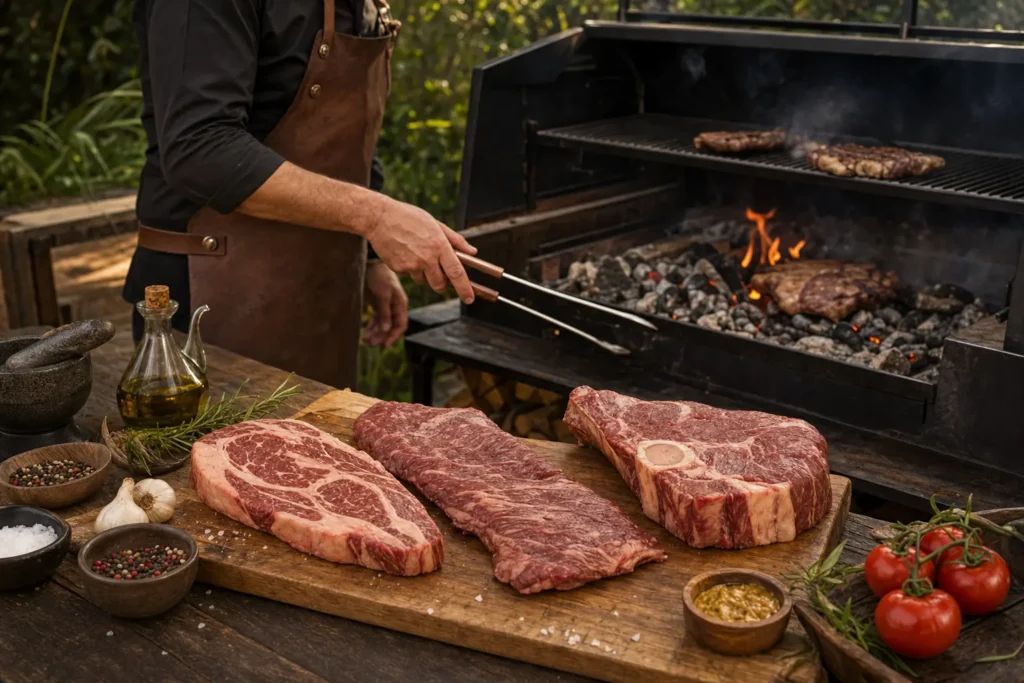 Selección de cortes de carne para parrilla junto a un asador con zonas de calor y piezas de distinto grosor.